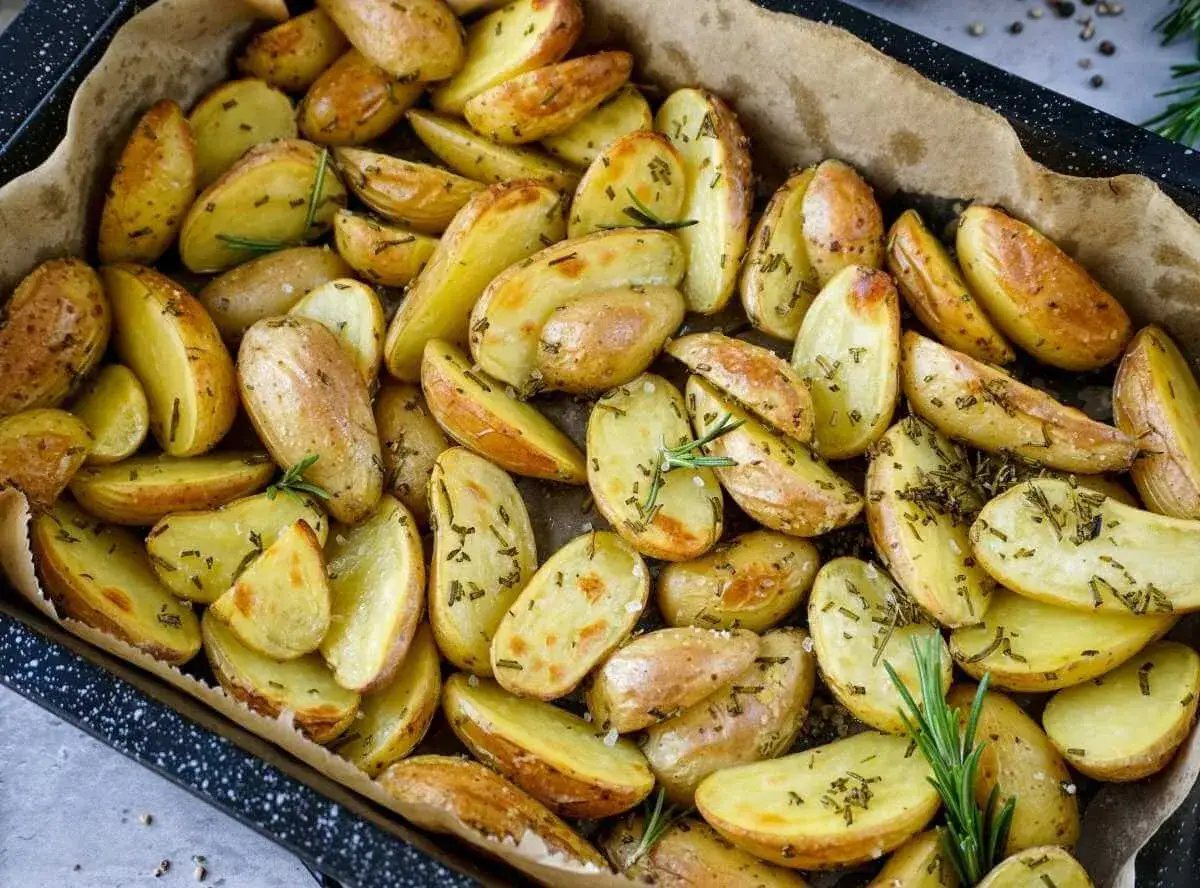 Goldbraune, knusprige Rosmarinkartoffeln, frisch aus dem Ofen, duften herrlich und sind bereit zum Genie&szlig;en.