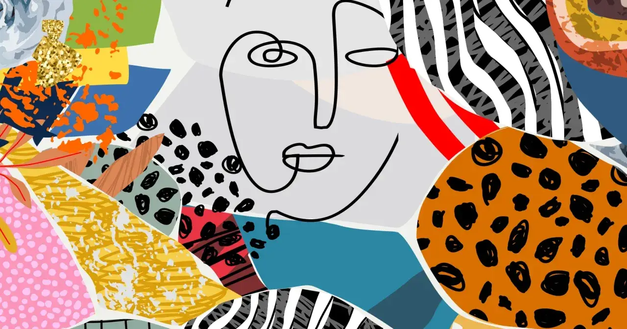 Abstract art graphic design examples featuring a minimalist face, animal prints, and bold colors.
