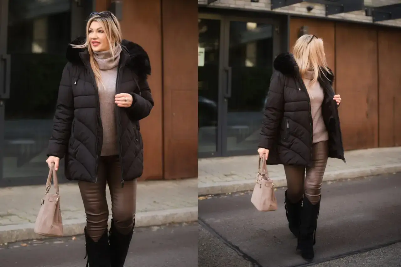 Eleganckie kurtki damskie plus size zimowe w czarnym kolorze, idealne na chłodne dni. Kobieta prezentuje stylowy outfit.