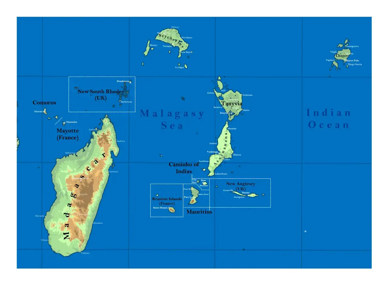 Madagaskar leży na Oceanie Indyjskim, na wschód od Afryki. Mapa pokazuje jego położenie względem Komorów, Reunion i Mauritiusu.