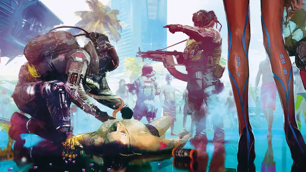 Scena z gry, gdzie zespół medyczny w futurystycznych strojach ratuje rannego. Klimat jak w grach podobnych do Cyberpunk.