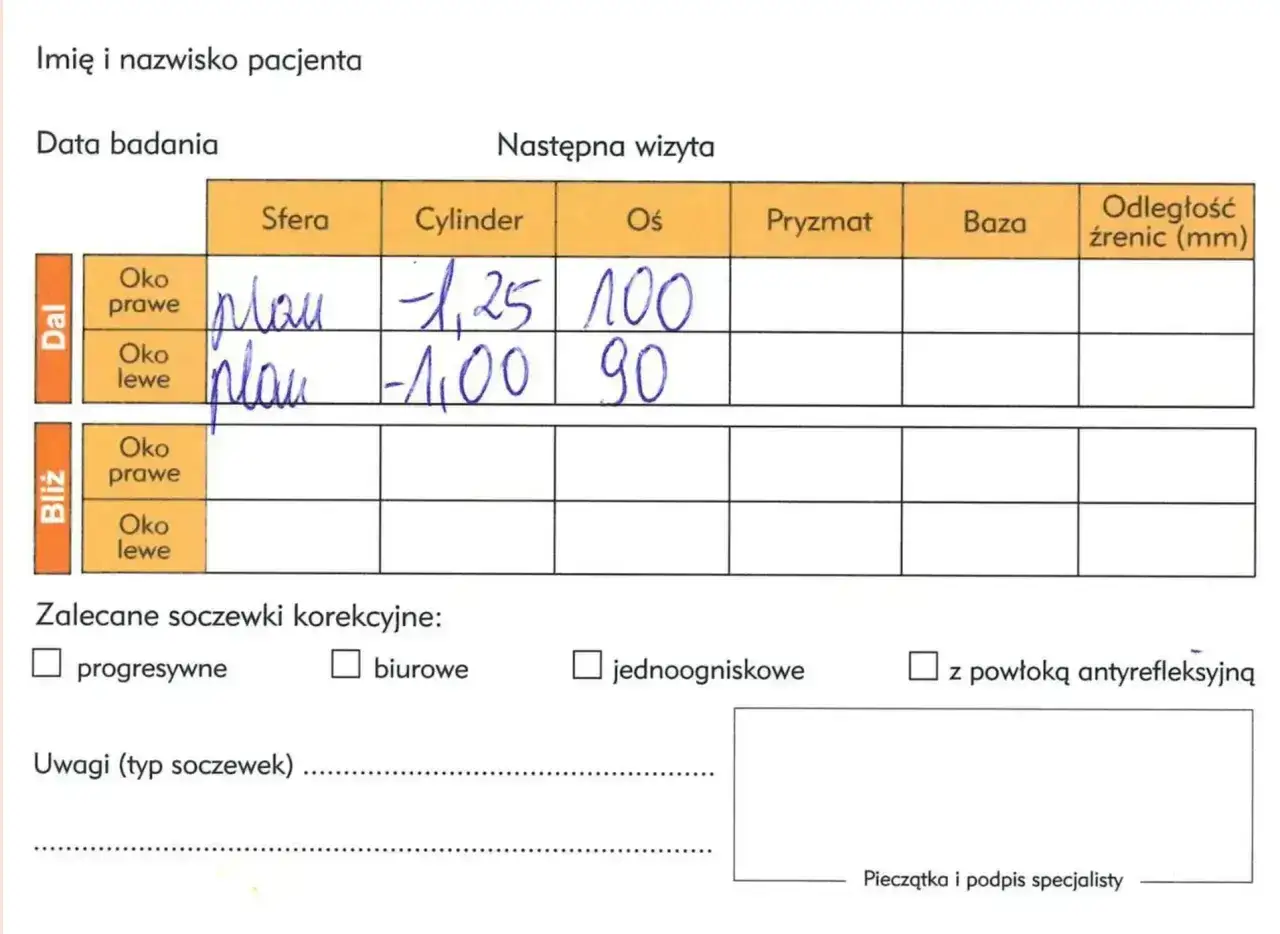 Fragment recepty okularowej z danymi badania wzroku: oko prawe -1,25, oko lewe -1,00.