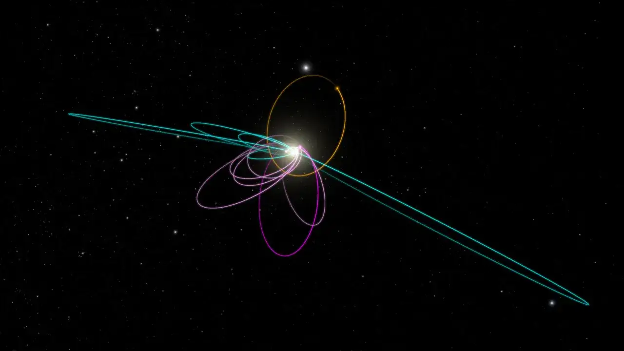 Symulacja orbit obiektów Pasa Kuipera, w tym hipotetycznej 9 planety, na tle gwieździstego nieba.
