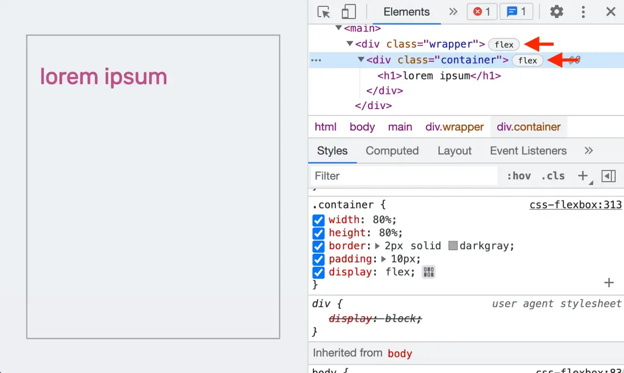 Narzędzia deweloperskie pokazują, jak podłączyć CSS do HTML: klasa