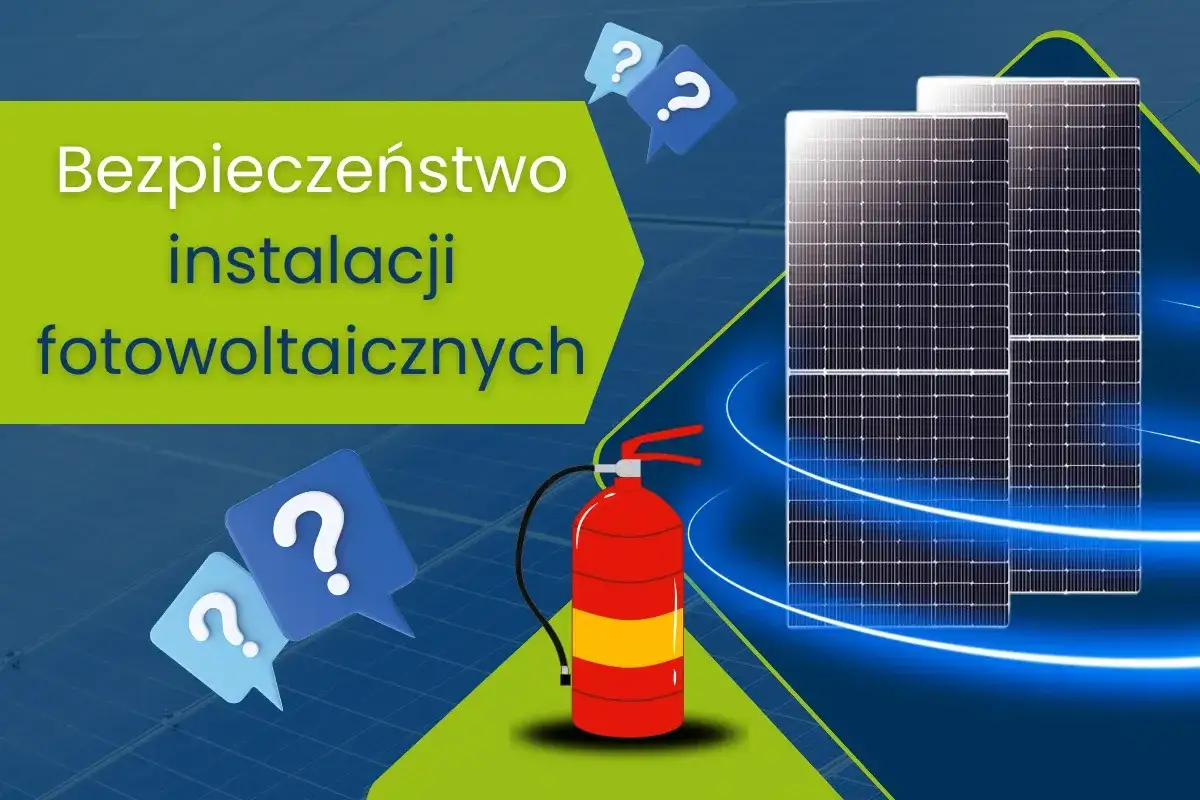 Czy fotowoltaika jest bezpieczna? Grafika przedstawia panele fotowoltaiczne, gaśnicę i znaki zapytania, sugerując dyskusję na temat bezpieczeństwa instalacji.