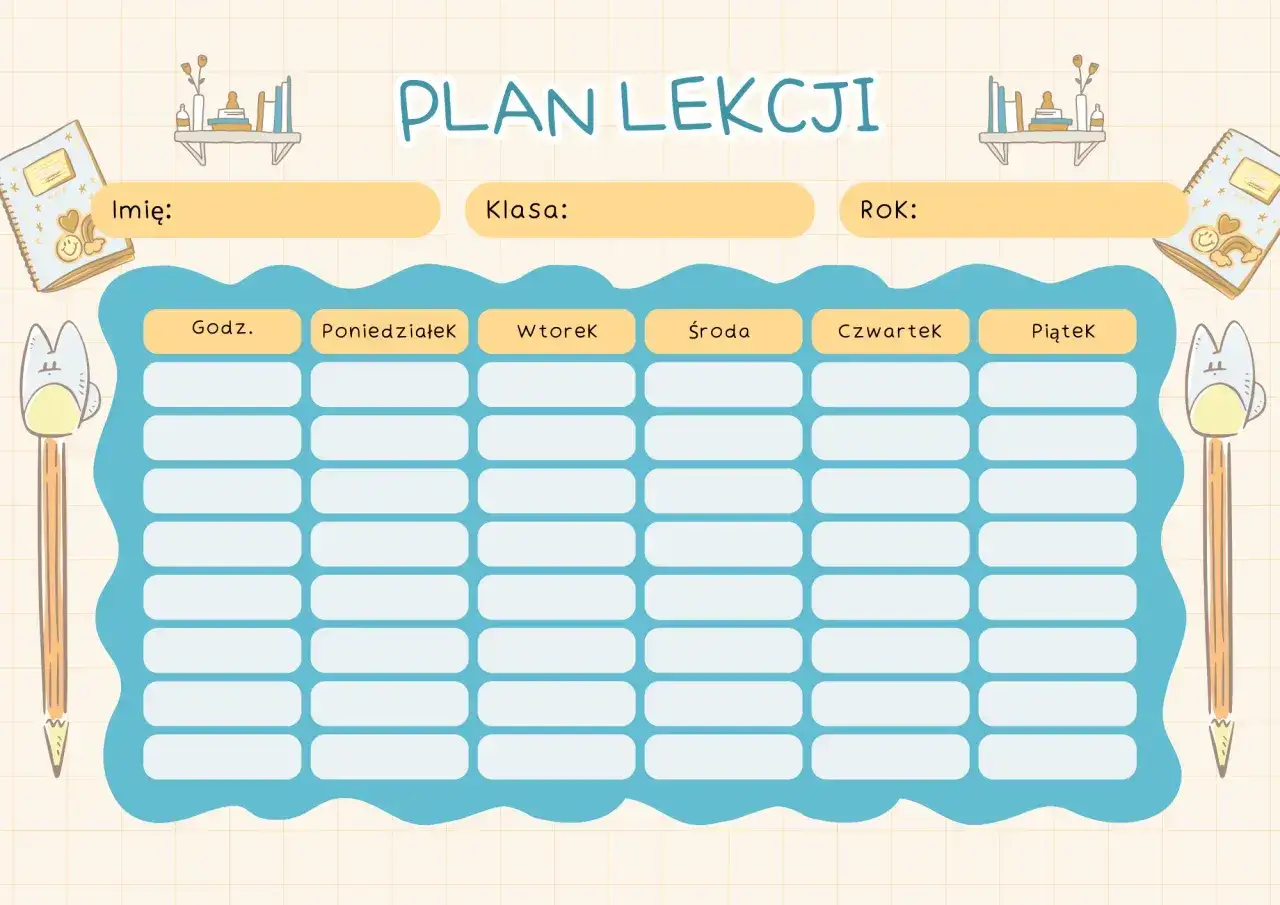 Plan lekcji z miejscem na wpisanie imienia, klasy i roku. Wpisz tu jakie przedmioty odchodzą w 6 klasie, by niczego nie zapomnieć!