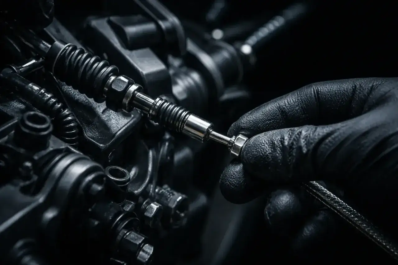 Dłoń w czarnej rękawiczce dokręca śrubę podczas wymiany linki sprzęgła w mechanizmie.