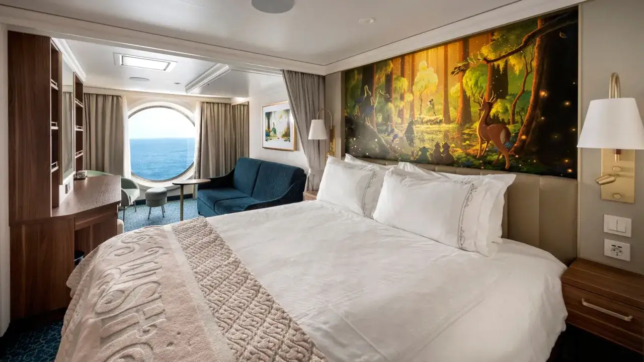 Interno di una cabina crociera Disney con letto comodo, divanetto blu e un murale incantevole di una foresta magica.