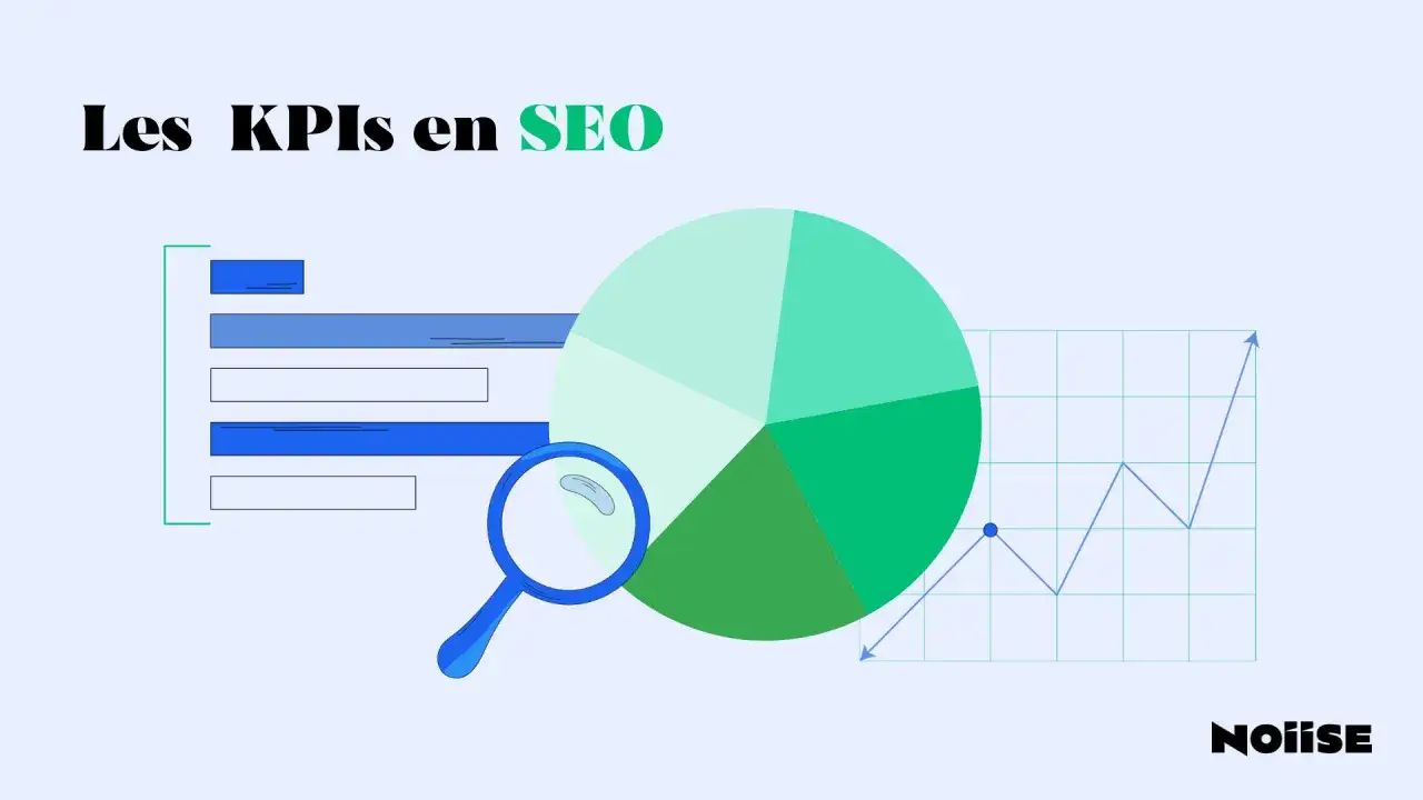 Les KPIs en SEO : analyse visuelle des performances avec graphiques, diagramme circulaire et loupe.