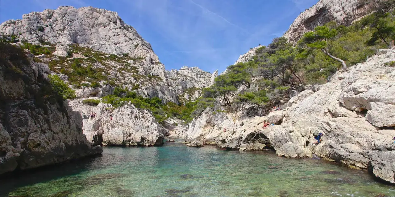 La plus belle plage marseillaise : eaux turquoise, falaises calcaires et pins parasols dans une calanque sauvage. Des baigneurs profitent du soleil.