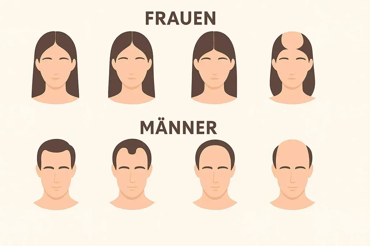 Illustration zeigt Frauen und M&auml;nner mit unterschiedlichem Haarwuchs. Bei Frauen sind die Haare dichter, bei M&auml;nnern nimmt der Haarwuchs ab, bis die Haare nicht mehr wachsen.