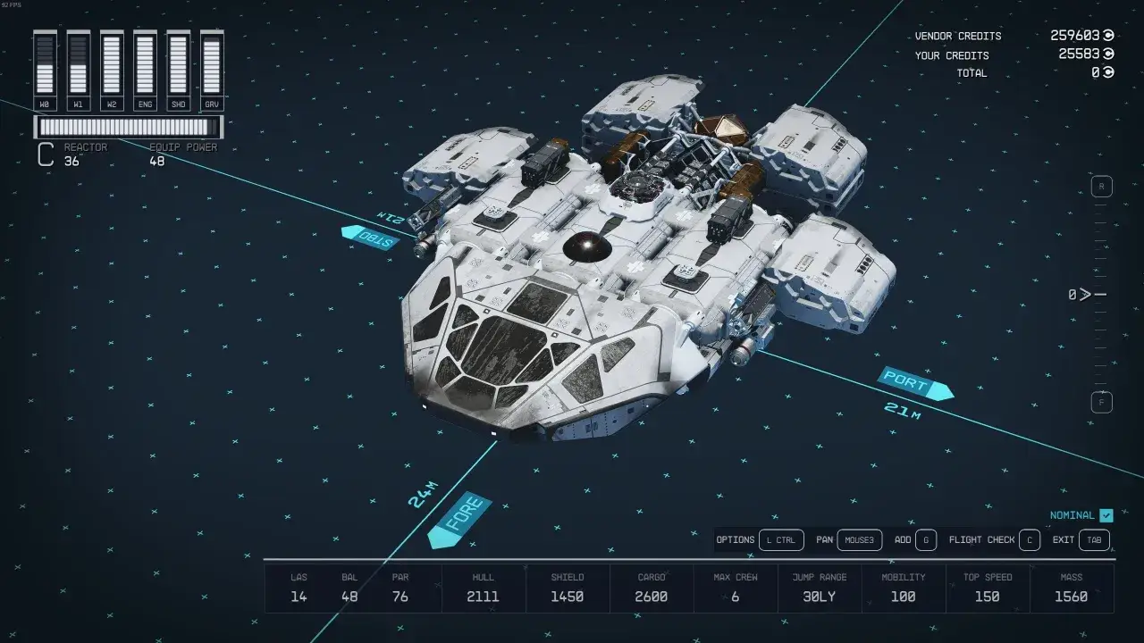 Una nave de Starfield en pantalla de diagn&oacute;stico, con datos de reactor, escudos y estad&iacute;sticas de vuelo.