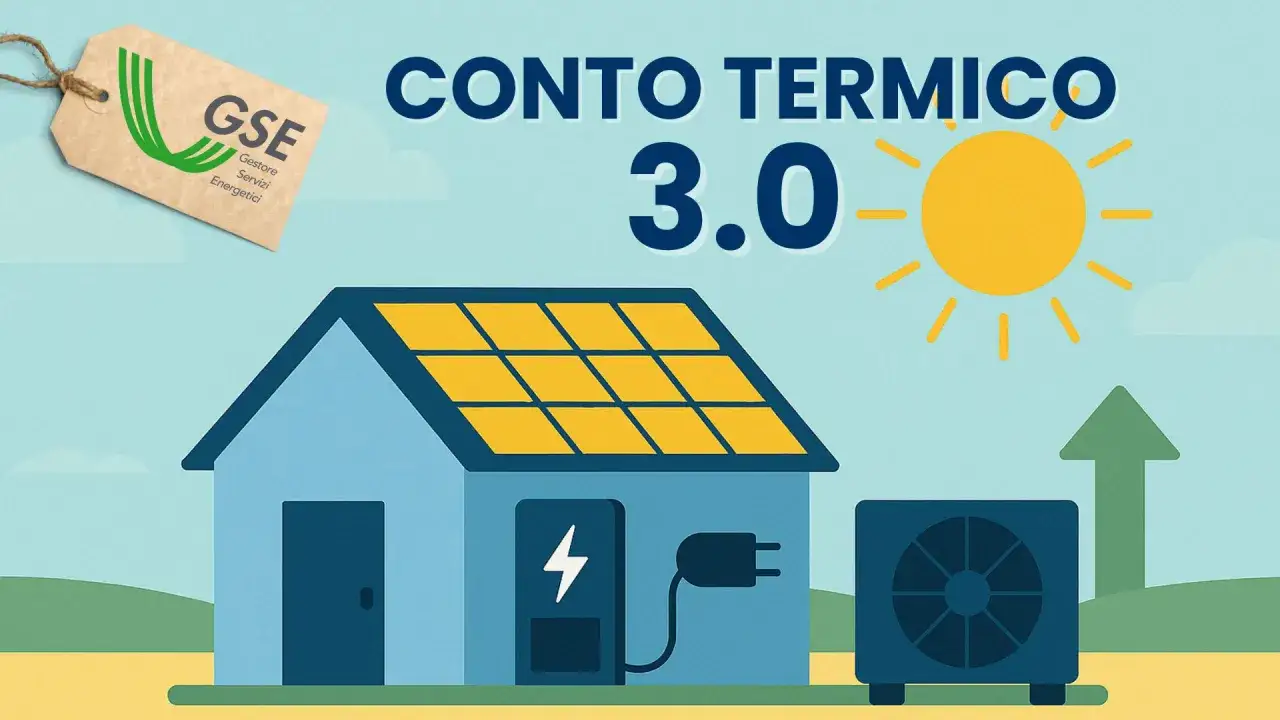 Illustrazione per conto termico 3.0 con casa, pannelli solari, unità esterna e sole. Un esempio di fattura conto termico.