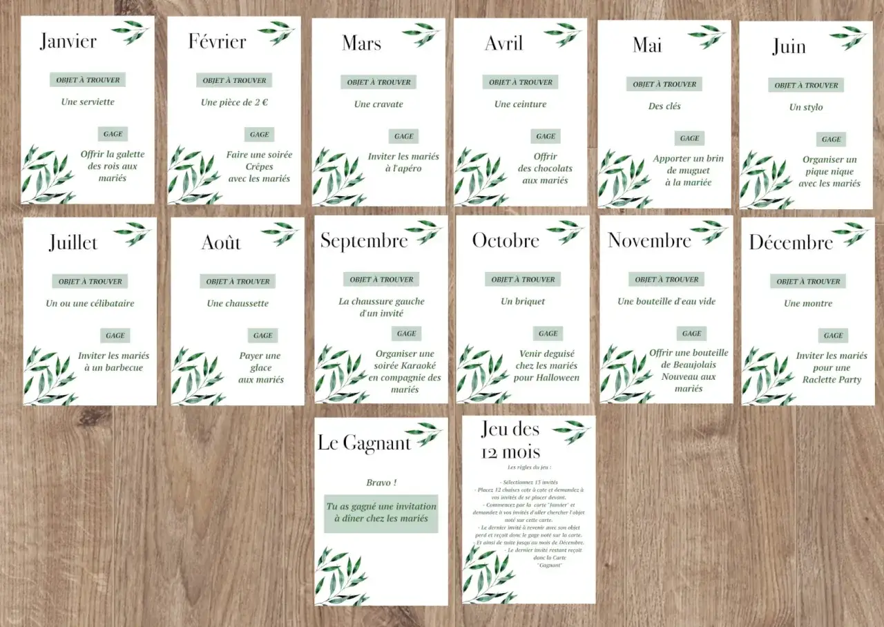Cartes du jeu des 12 mois avec des gages et objets &agrave; trouver pour chaque mois, plus une carte 