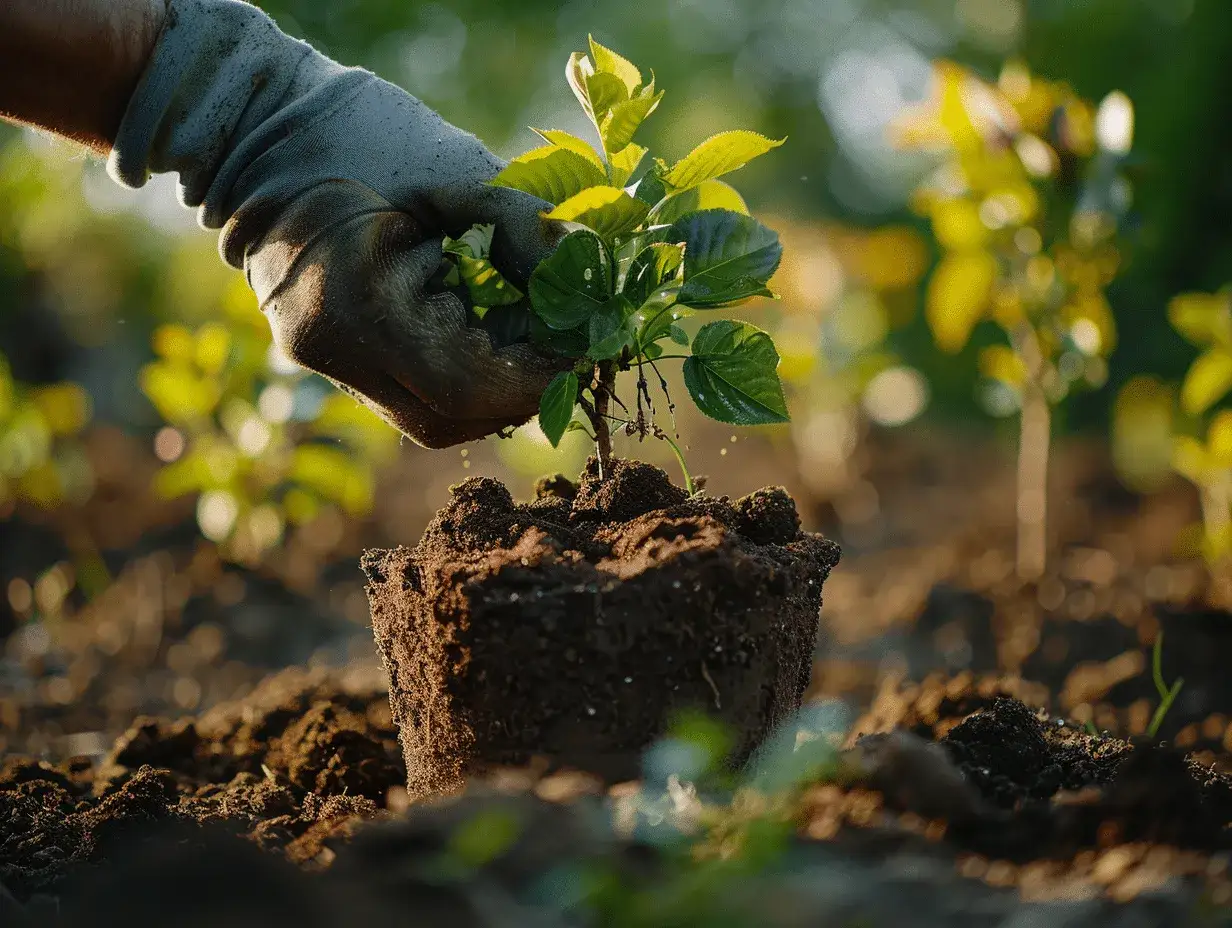 Main d'un jardinier plantant une bouture de cerisier dans la terre.