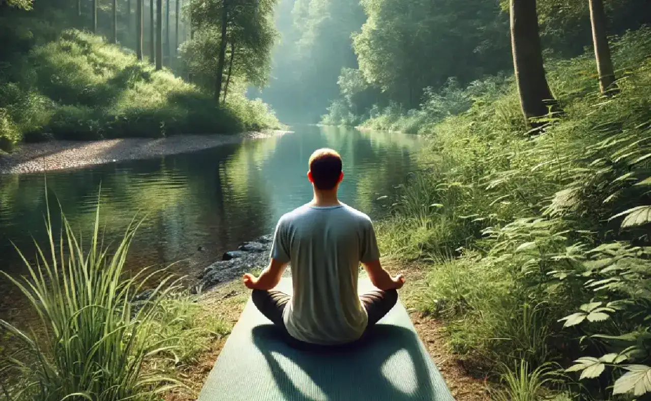 Hombre meditando junto a un r&iacute;o sereno, buscando la conexi&oacute;n con sus gu&iacute;as espirituales en la naturaleza.