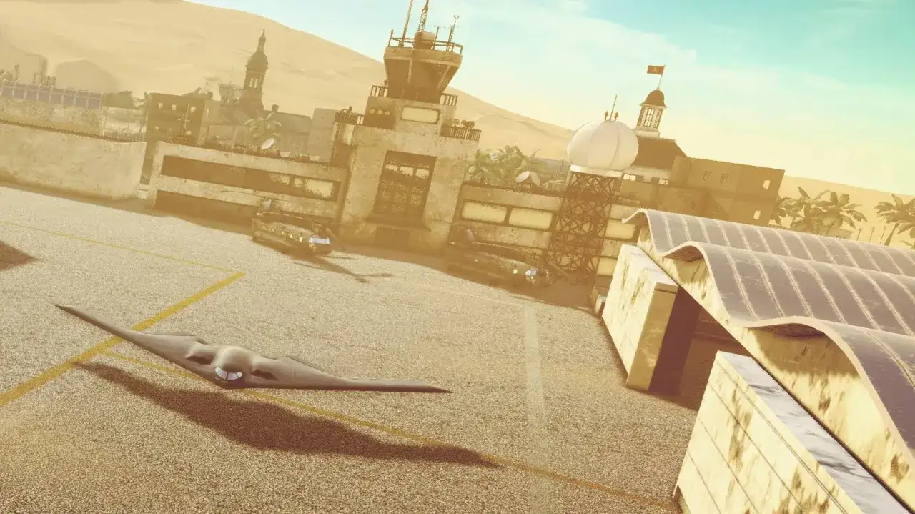 Nalot bombowca B-2 na pustynną bazę. W tle budynki, wieża kontroli lotów i helikoptery, gotowe do desert operations.
