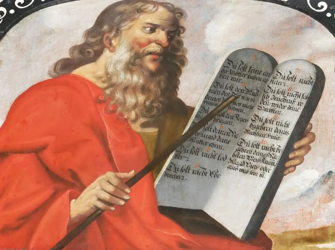 Przedstawienie proroka Starego Testamentu, Mojżesza, z tablicami Dekalogu.