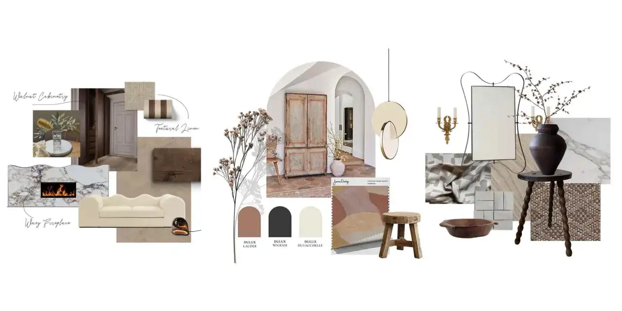 Mood board for full service interior design, featuring walnut cabinetry, a wavy fireplace, textured linen, and a neutral color palette.