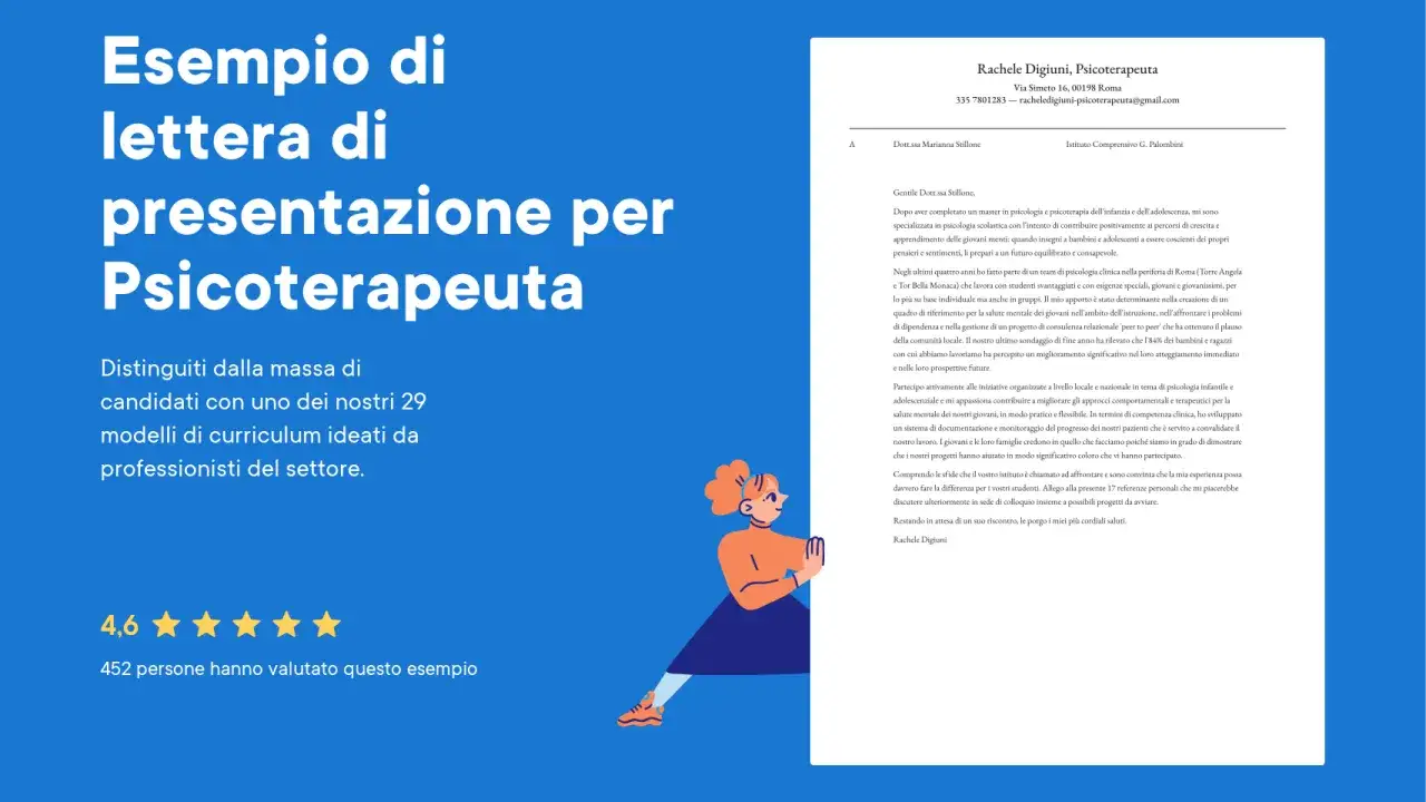 Esempio di lettera di presentazione per psicoterapeuta. Scopri come scrivere un messaggio efficace alla psicologa, con modelli ideati da professionisti.