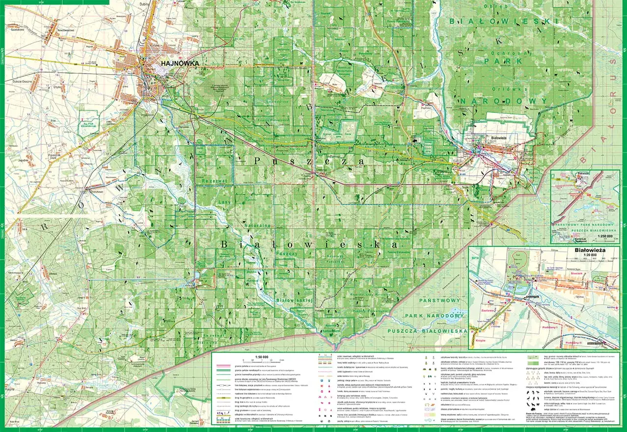 Mapa turystyczna Puszczy Białowieskiej i okolic, idealna na wakacje na Podlasiu. Widoczne Hajnówka, Białowieża, park narodowy i rezerwaty.