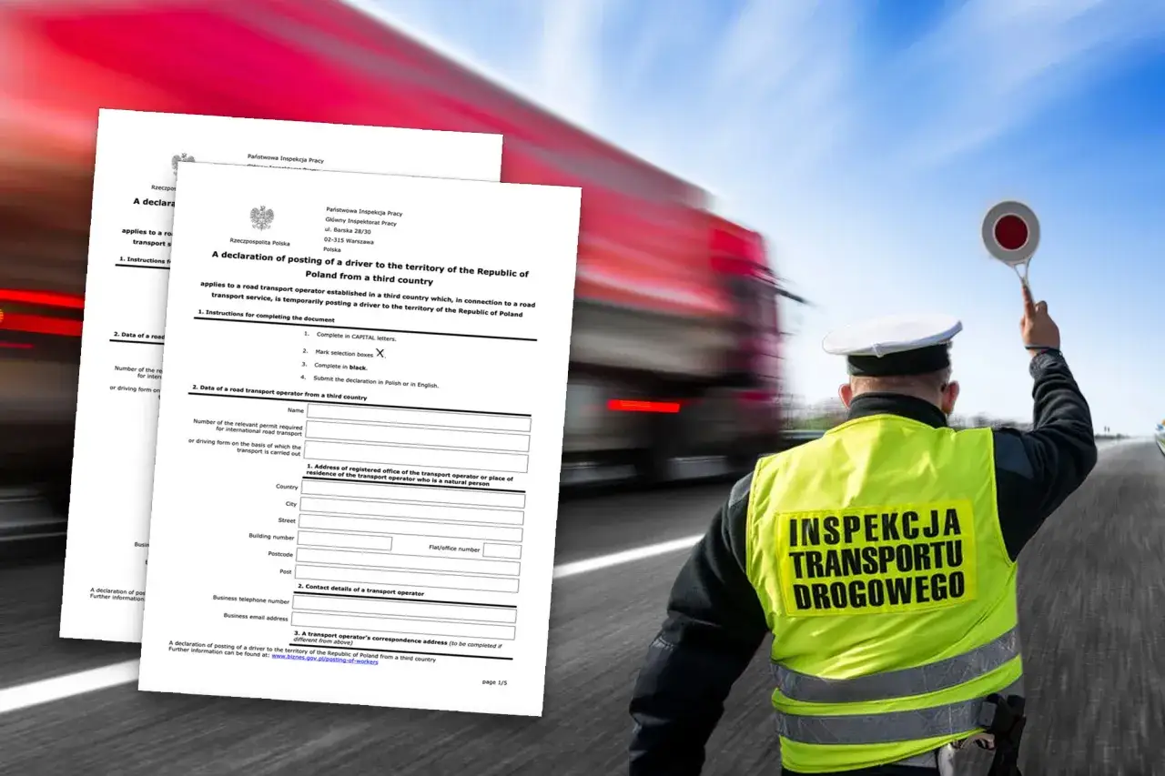 Inspektor drogowy kontroluje dokumenty, w tym świadectwo kierowcy, na tle rozmazanego ciężarówki i drogi.