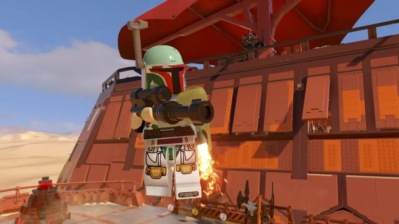 Boba Fett w grze Lego Star Wars: The Skywalker Saga, z plecakiem odrzutowym i blasterem, na tle pustynnego krajobrazu i statku.