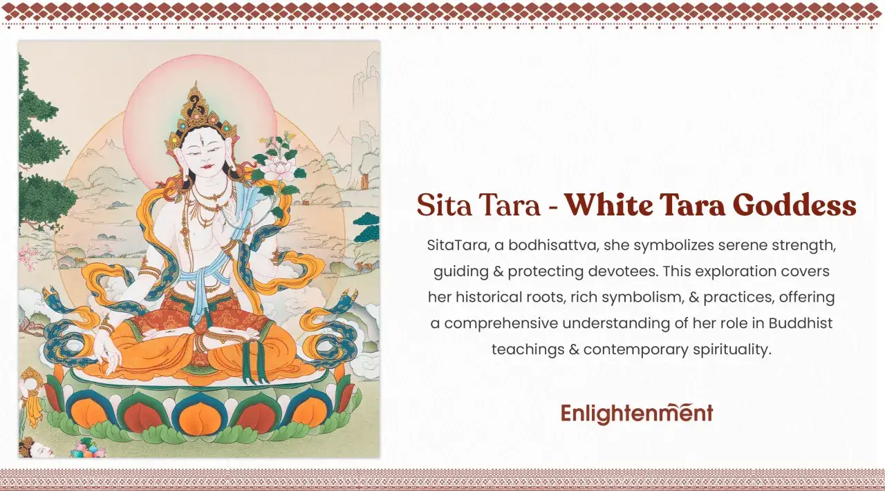 En bild av Sita Tara, den vita gudinnan, som sitter i lotusst&auml;llning. Hon symboliserar lugn styrka och v&auml;gleder sina anh&auml;ngare.