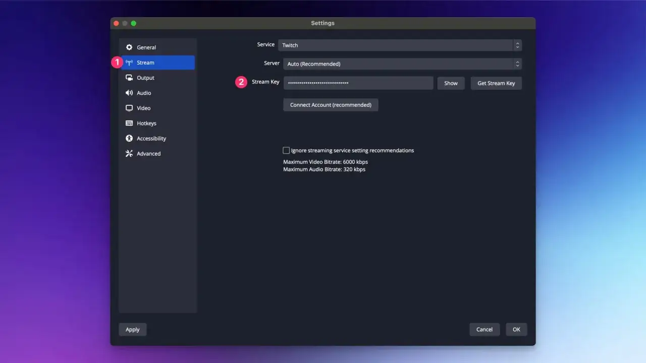 Einstellungen für Twitch Stream einrichten: Service, Server und Stream Key eingeben.