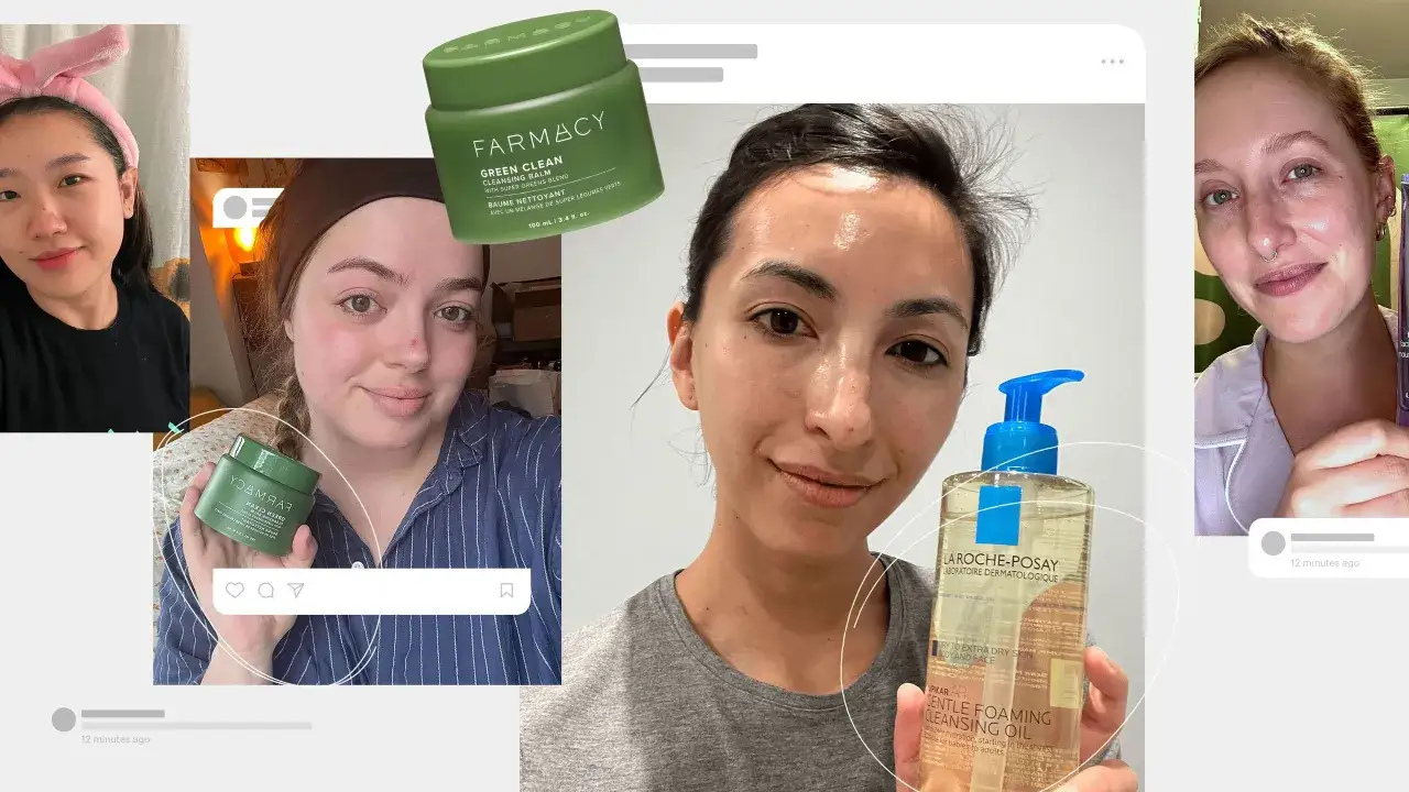 Kobiety pokazują, czym zmywać makijaż: balsam Farmacy i olejek La Roche-Posay.