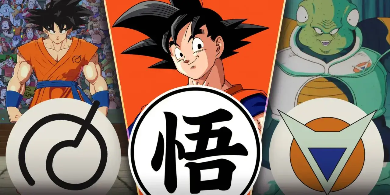 Goku w pomarańczowym gi, z kanji