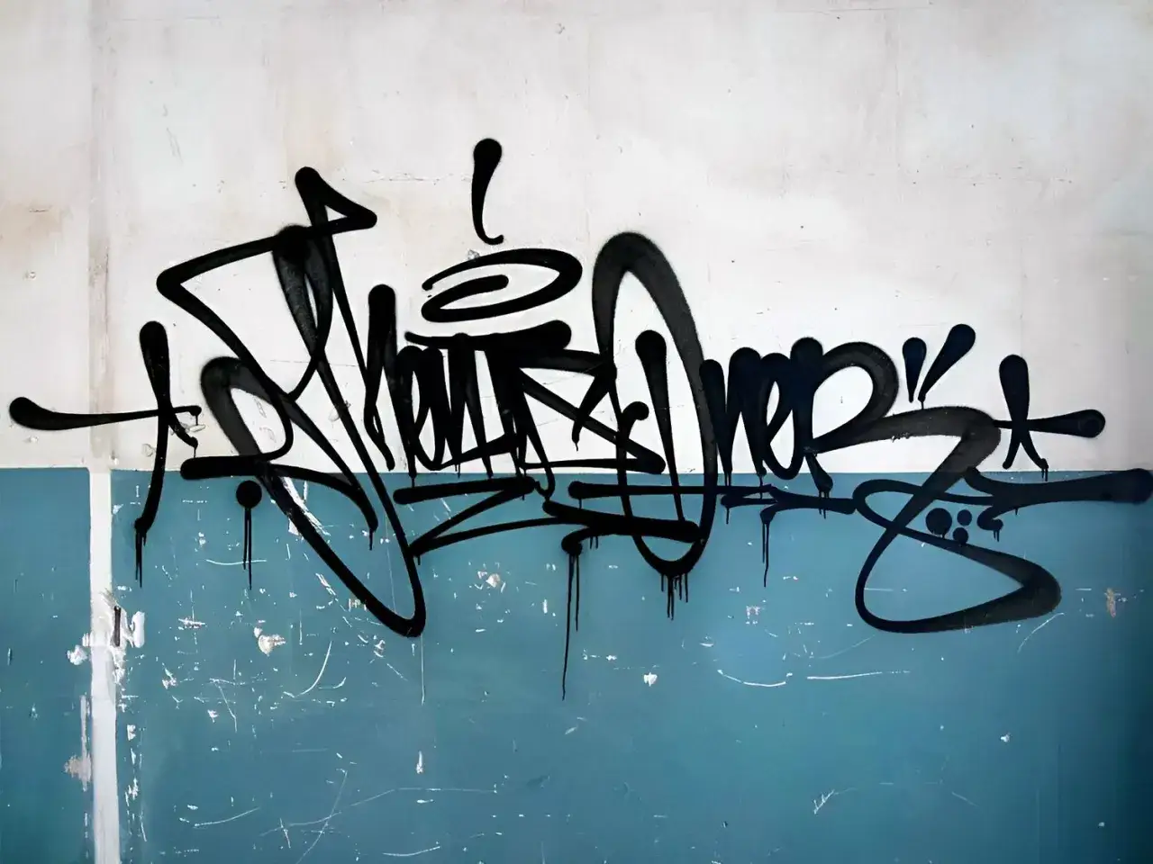 Svart text som n&aring;gon valt att m&aring;la graffiti p&aring; en sliten v&auml;gg.
