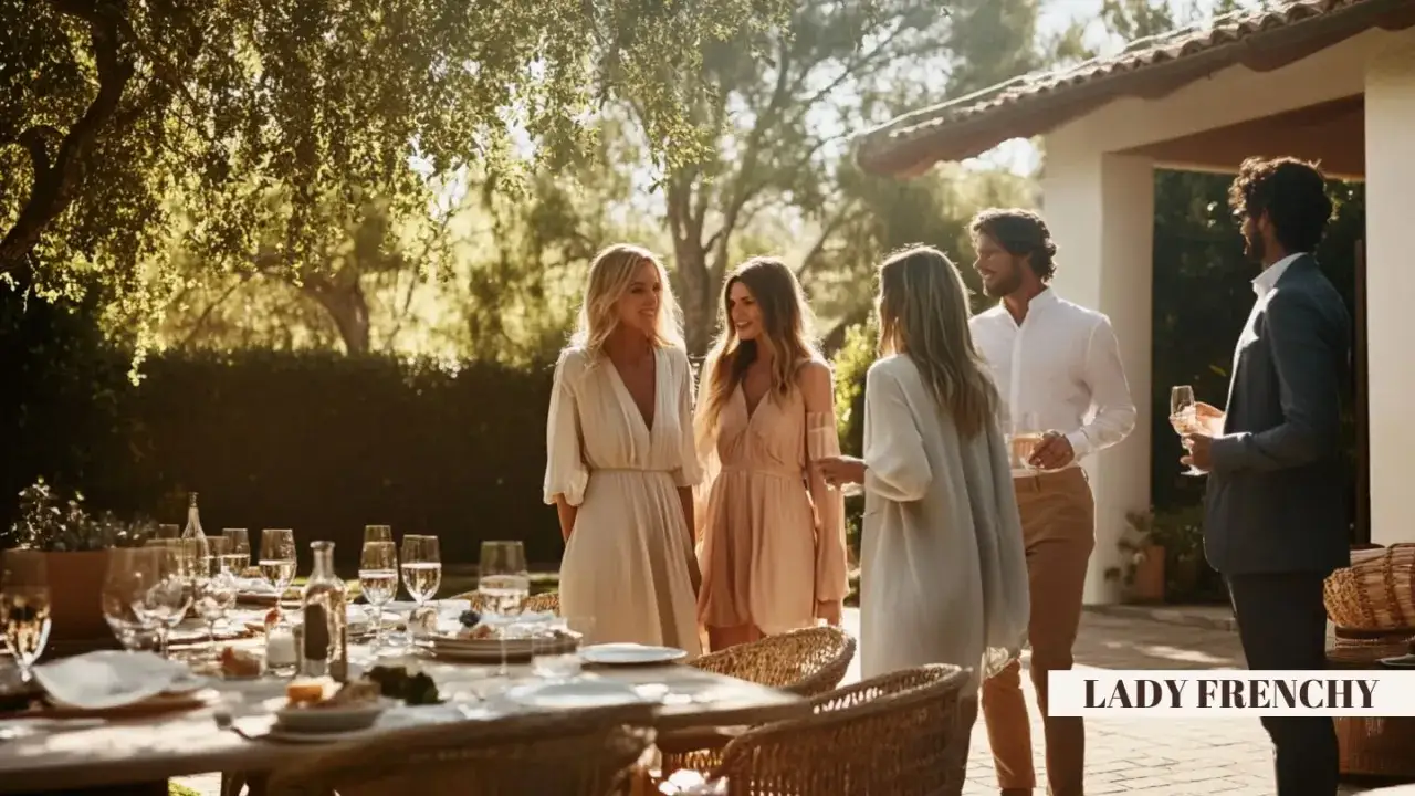 Des femmes élégantes en robes légères et hommes en tenues décontractées discutent lors d'un brunch ensoleillé. Idées pour savoir comment s'habiller pour un brunch.