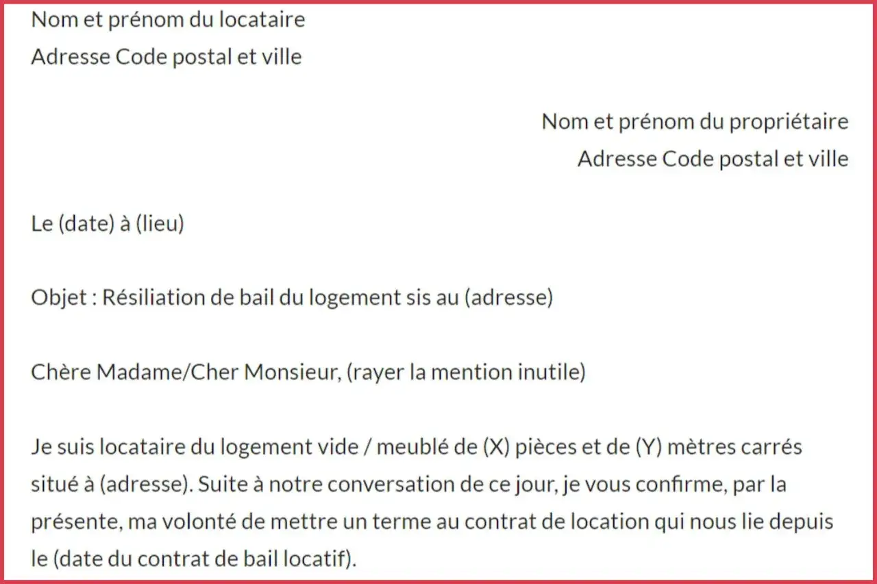 Mod&egrave;le de lettre pour une r&eacute;siliation de bail locatif. Le document indique les informations du locataire, du propri&eacute;taire et l'objet de la d&eacute;marche.