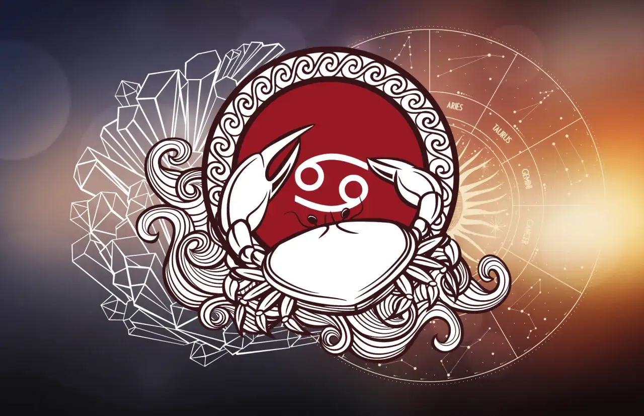 Symbol Raka, 6 czerwca znak zodiaku, otoczony kryształami i kołem zodiaku.