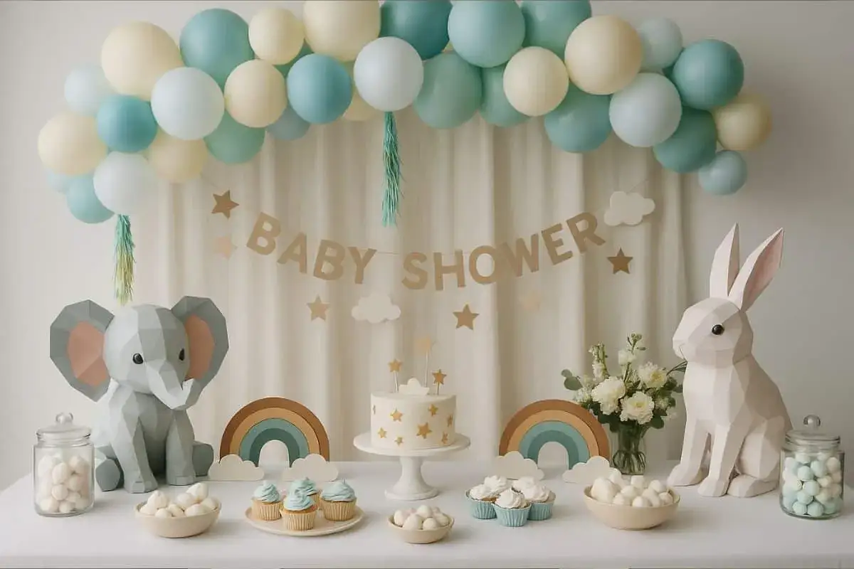 Allestimenti baby shower fai da te: un elefante, un coniglio, palloncini pastello e una torta decorata creano un'atmosfera magica.