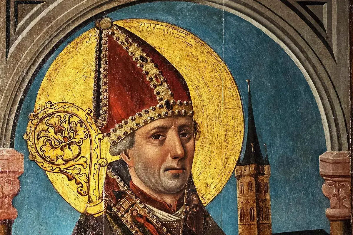 En biskop med gyllene gloria och en kyrka i bakgrunden, en symbol f&ouml;r kristnandet av Sverige.