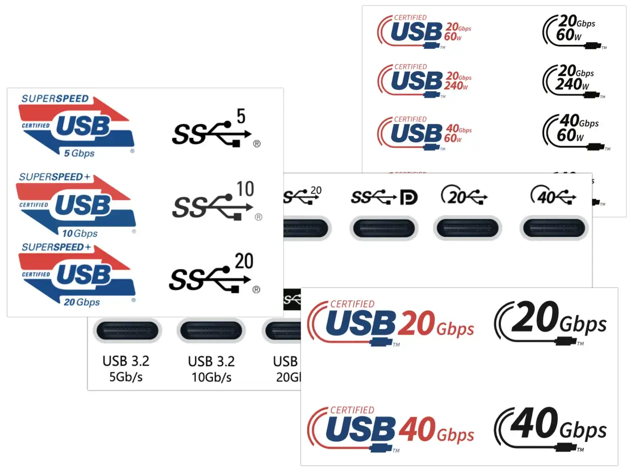 Logos y conectores USB 3.1 mostrando velocidades de 5, 10, 20 y 40 Gbps, con diferentes potencias de carga.