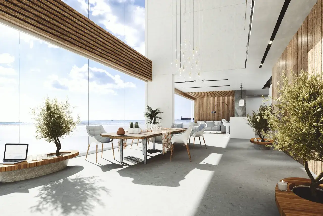 Modern interior con vistas al mar. Mesa de comedor, sof&aacute;s y &aacute;rboles decorativos. Cristales guardian sun opiniones positivas.