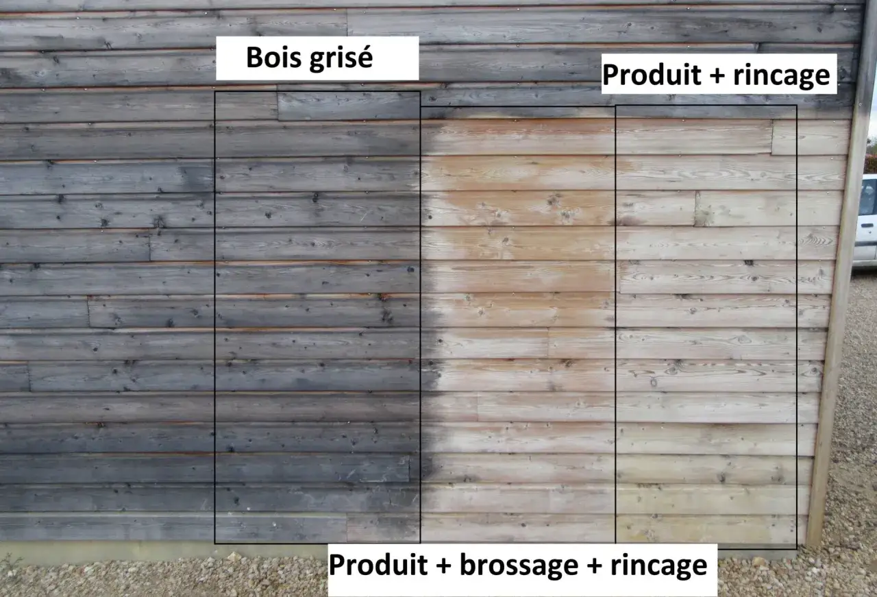 Comparaison avant/apr&egrave;s d'un bois gris&eacute; trait&eacute; avec un d&eacute;griseur Ipe. Le produit + brossage + rin&ccedil;age redonne sa couleur d'origine au bois.
