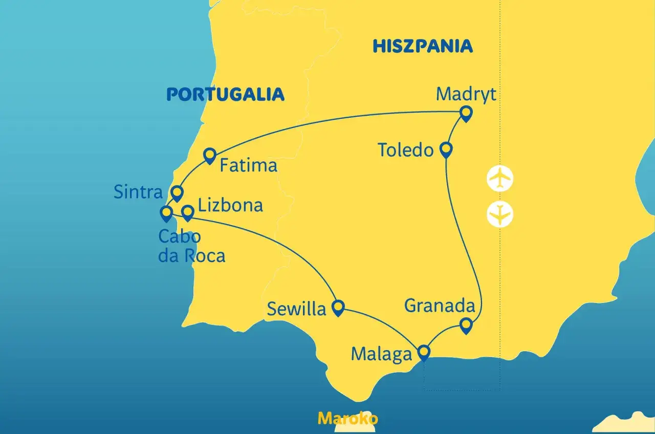 Mapa trasy podróży po Portugalii i Hiszpanii, obejmująca Lizbonę, Fatimę, Sintrę, Cabo da Roca, Sewillę, Malagę, Granadę i Madryt. Idealna na portugalia wakacje.