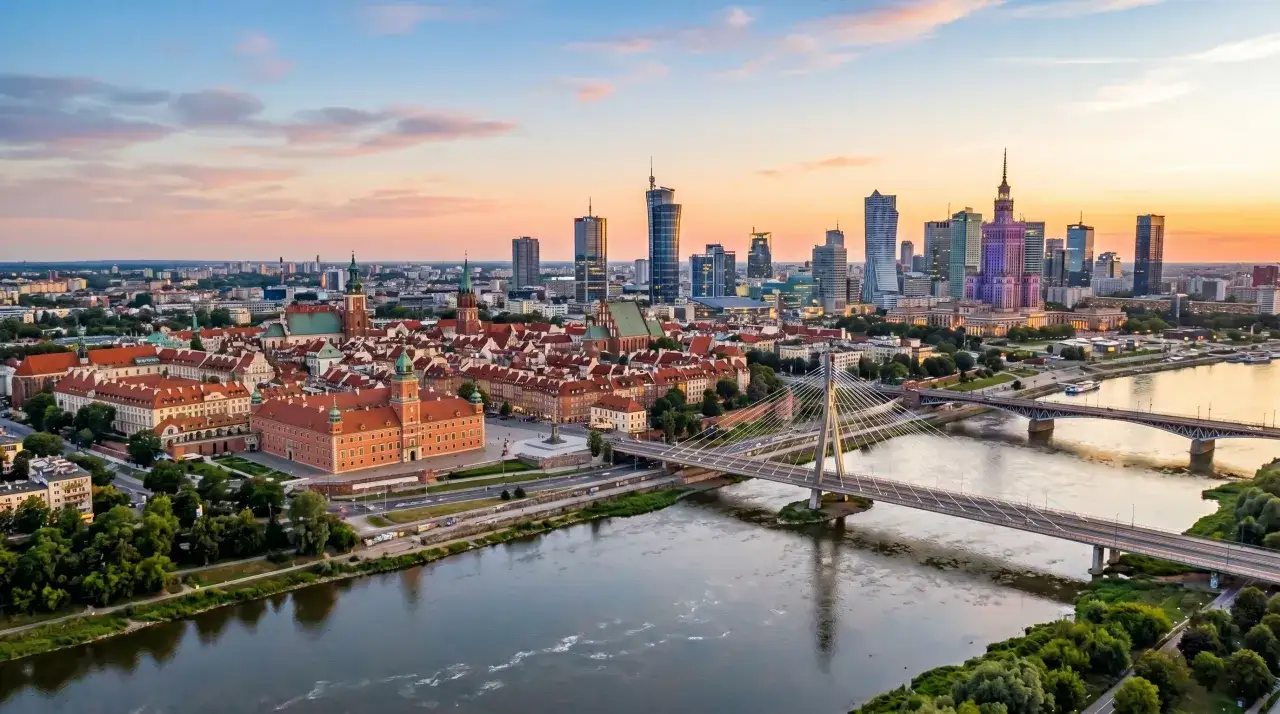 Zachód słońca nad Wisłą, ukazujący Zamek Królewski i nowoczesną dzielnicę warszawską z wieżowcami.