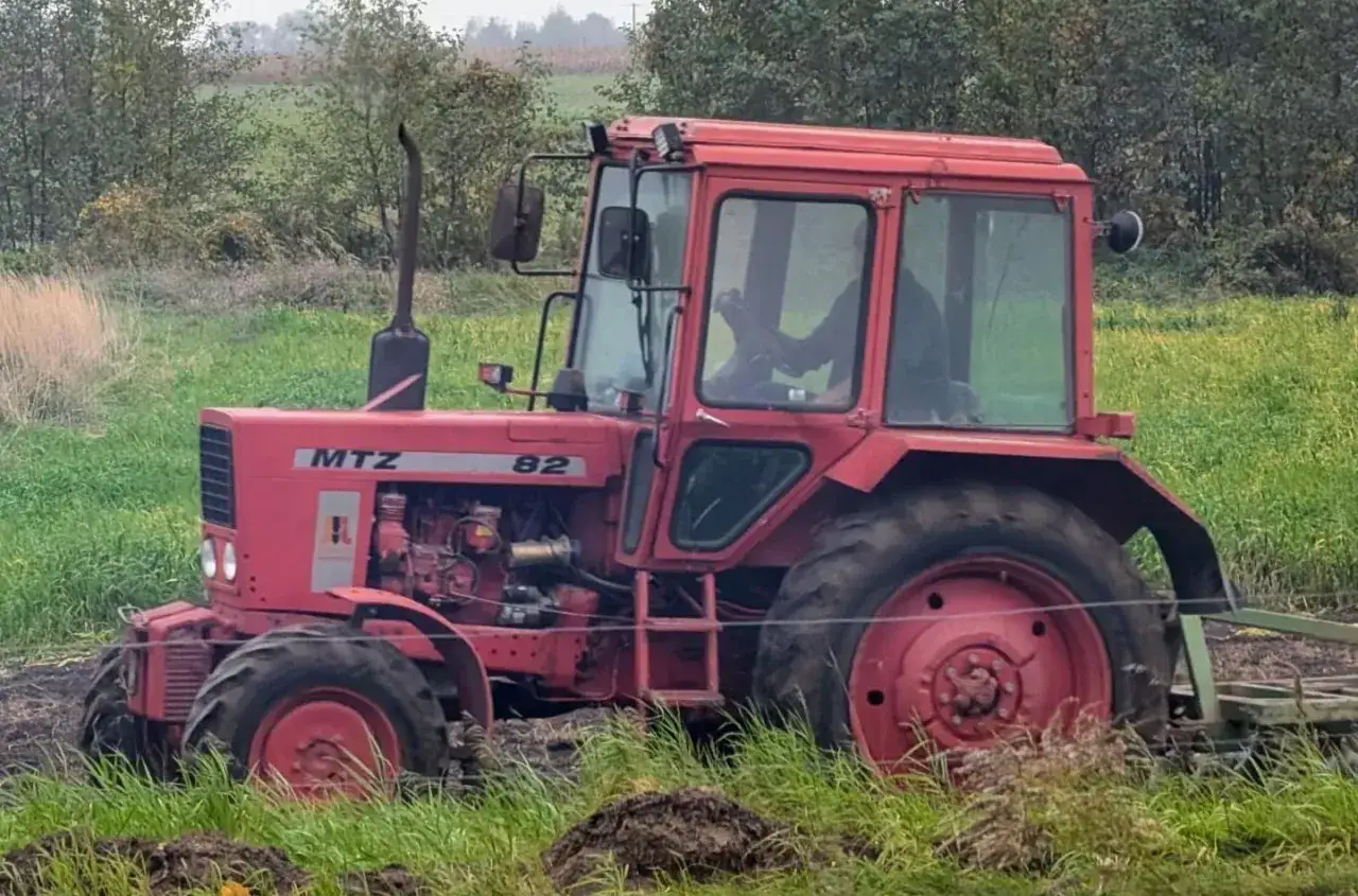 Czerwony ciągnik MTZ Belarus 820 pracuje na polu, przygotowując ziemię do siewu.