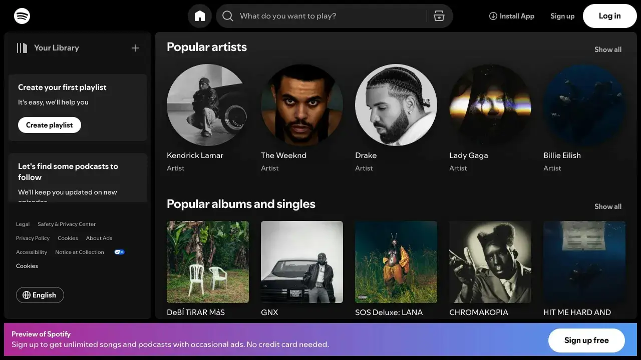 Na ekranie Spotify widać popularnych artystów i albumy. Sekcja 