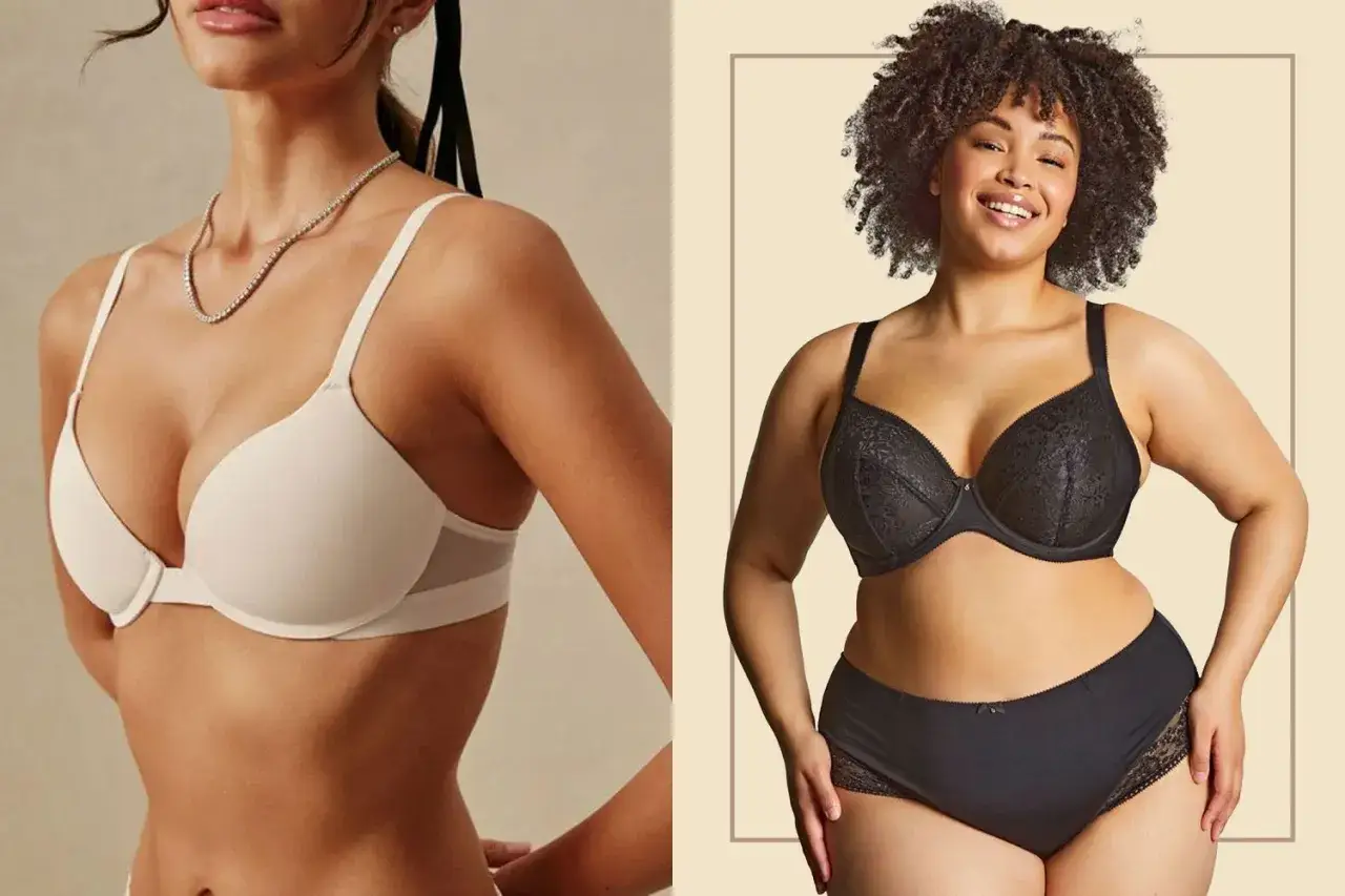 Due donne in reggiseno. A sinistra, una donna con seno prosperoso indossa un reggiseno color carne. A destra, una donna formosa sorride indossando un reggiseno nero pizzo.