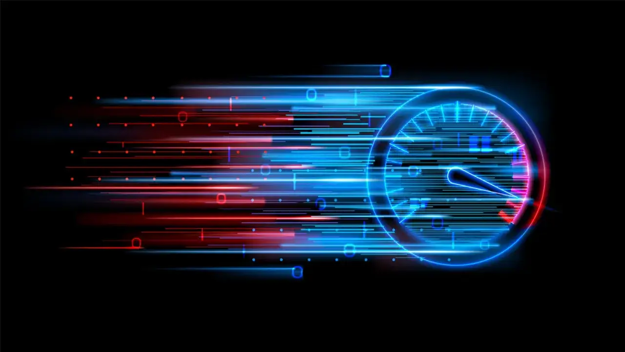 Tachometer zeigt hohe Geschwindigkeit, die 100 Mbits in MB/s übertrifft. Datenströme in Rot und Blau rasen vorbei.