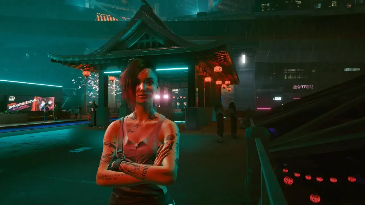 Kobieta z tatuażami stoi przed wejściem do tradycyjnej budowli, otoczonej neonami i deszczem. To jakby dom lalek cyberpunk, pełen tajemnic.