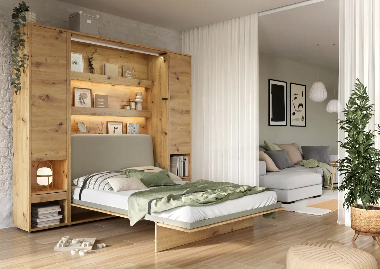 Chambre 10m2 avec lit escamotable en bois, étagères lumineuses, et salon attenant. Ambiance cosy et moderne.