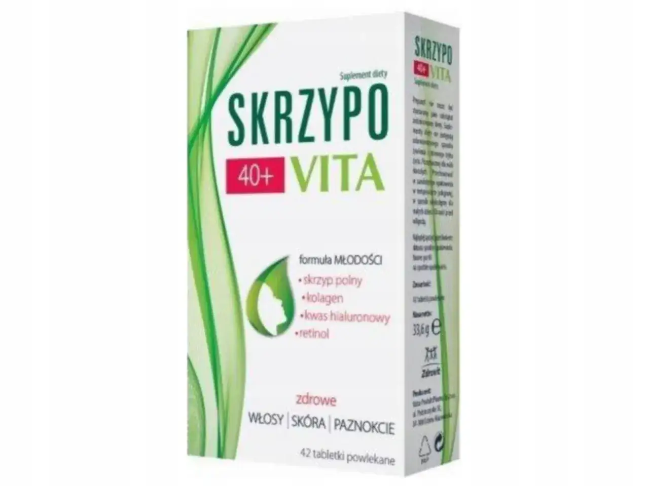 Opakowanie suplementu diety Skrzypowita 40+ Vita, zawierające skrzyp polny, kolagen i retinol dla zdrowych włosów, skóry i paznokci.
