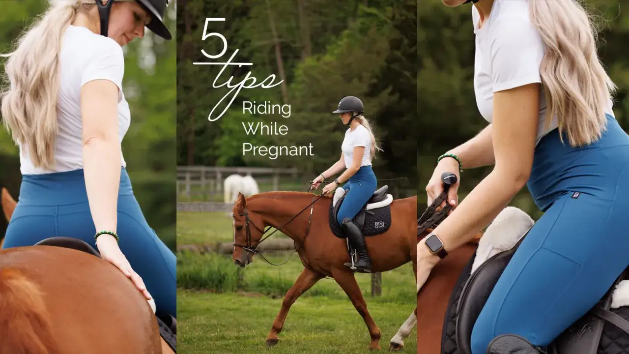 Conseils pour l'équitation et grossesse : une cavalière enceinte monte un cheval.